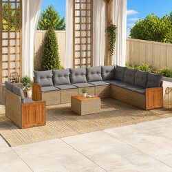 11 Piece Beige Rattan Garden Sofa Set with Cushions