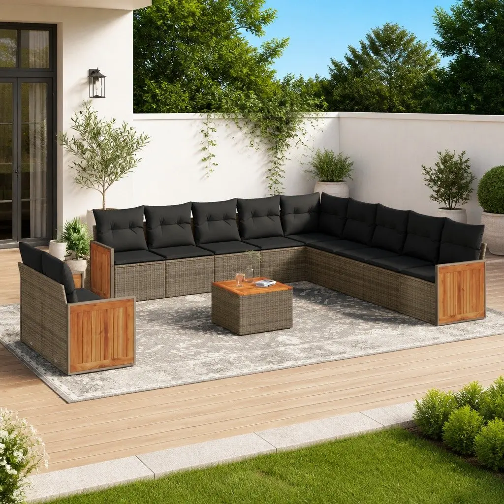 Garden Sofa Set PE Rattan Modular 12 Piece Outdoor Furniture Grey with Cushions Acacia Wood Table Top