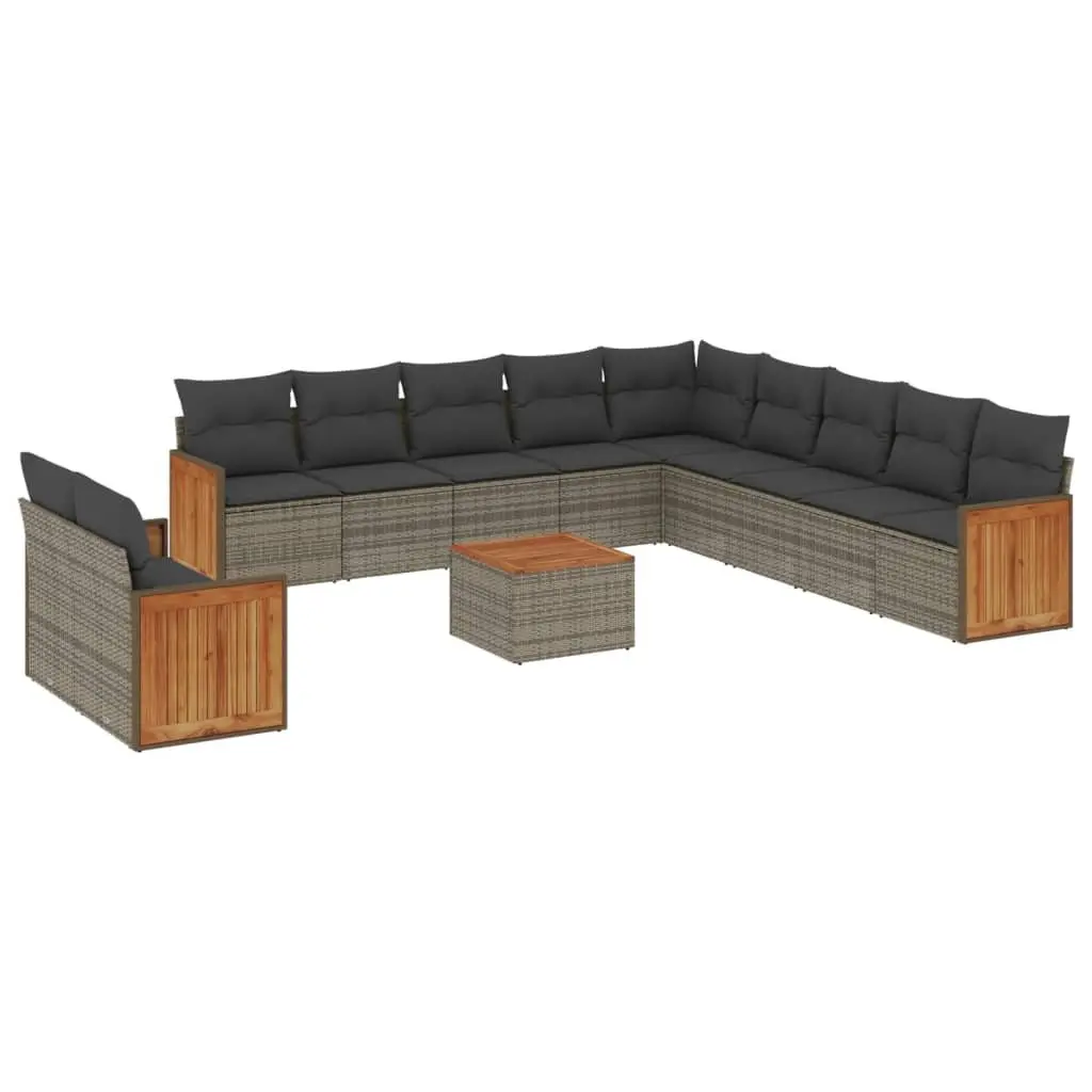 Garden Sofa Set PE Rattan Modular 12 Piece Outdoor Furniture Grey with Cushions Acacia Wood Table Top