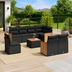 Durable 9-Piece Black Garden Sofa Set with Cushions