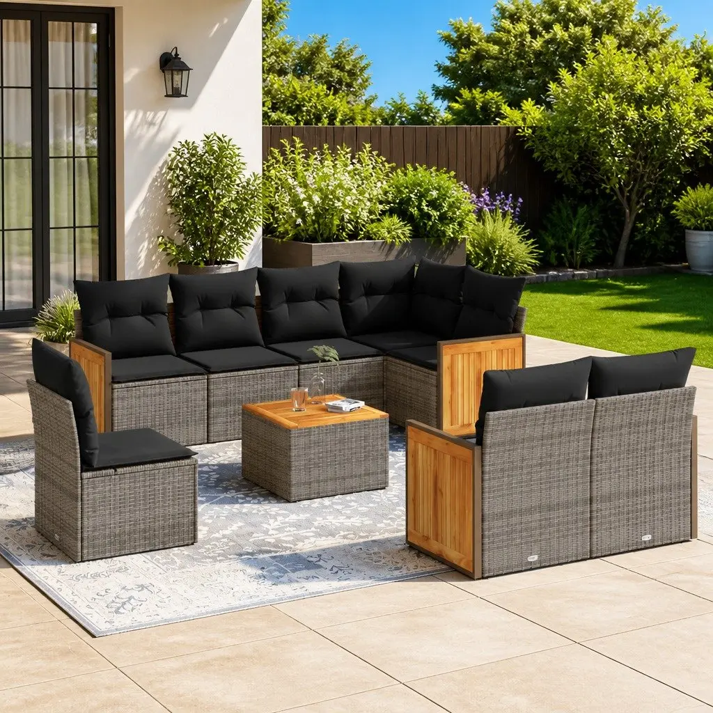Garden Sofa Set PE Rattan 9 Piece Outdoor Furniture Acacia Wood Table Grey