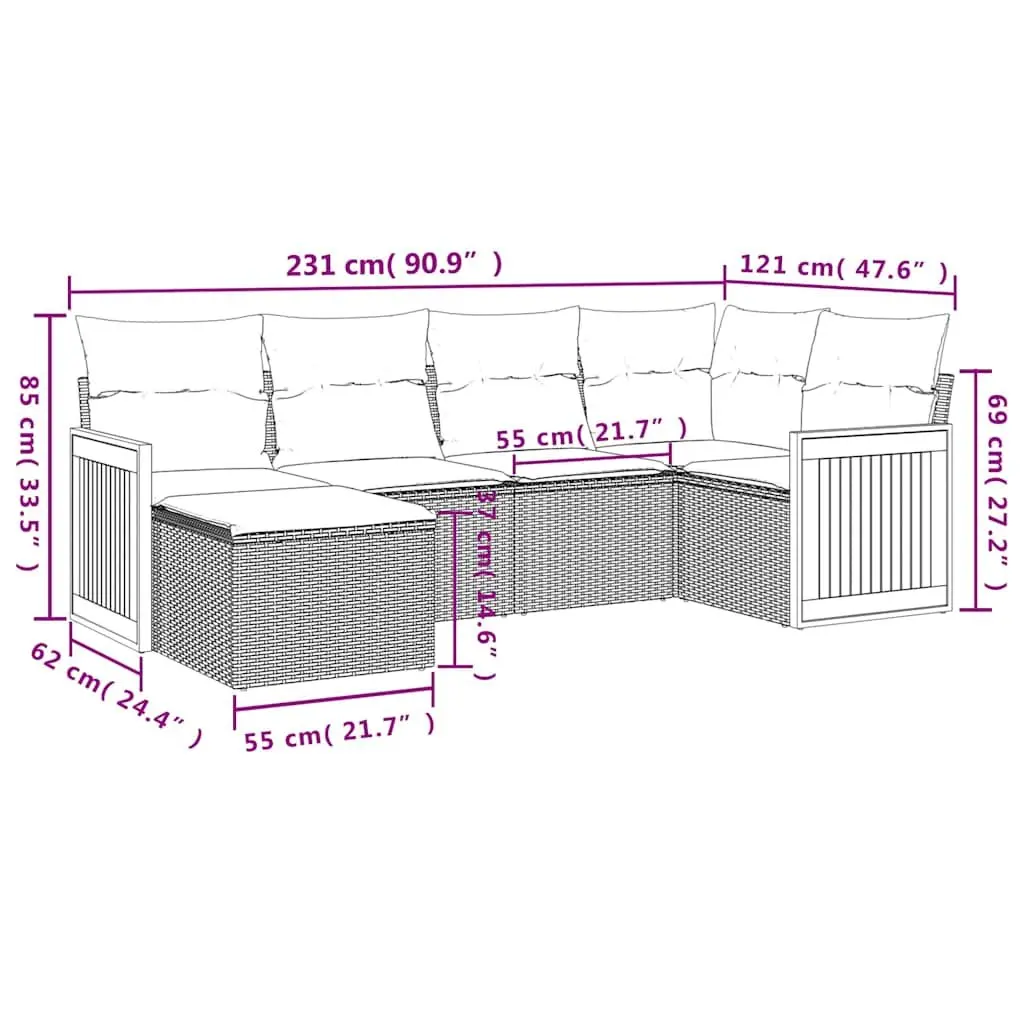 6-Piece Modular Garden Sofa Set with Black Cushions