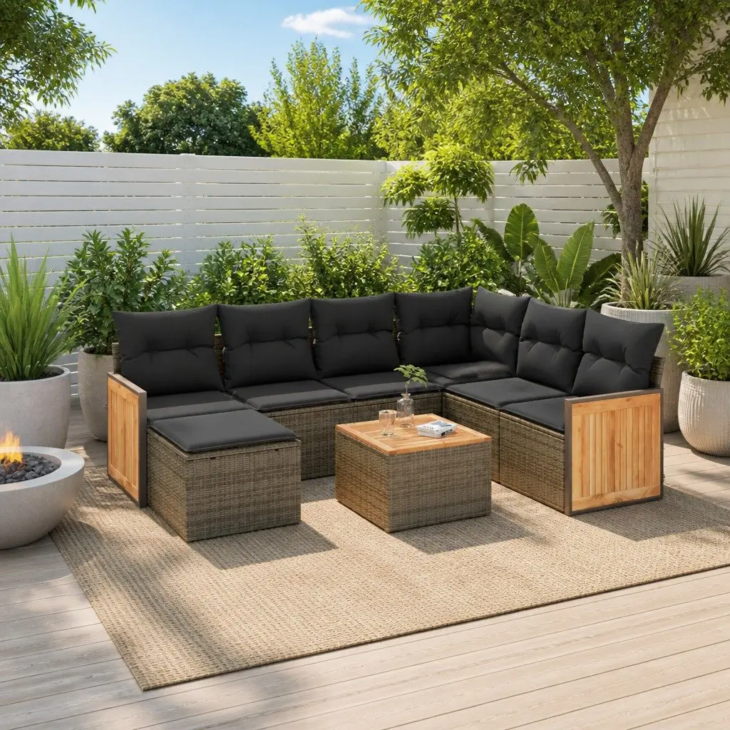 Garden Sofa Set PE Rattan 8 Piece Outdoor Furniture Grey with Cushions