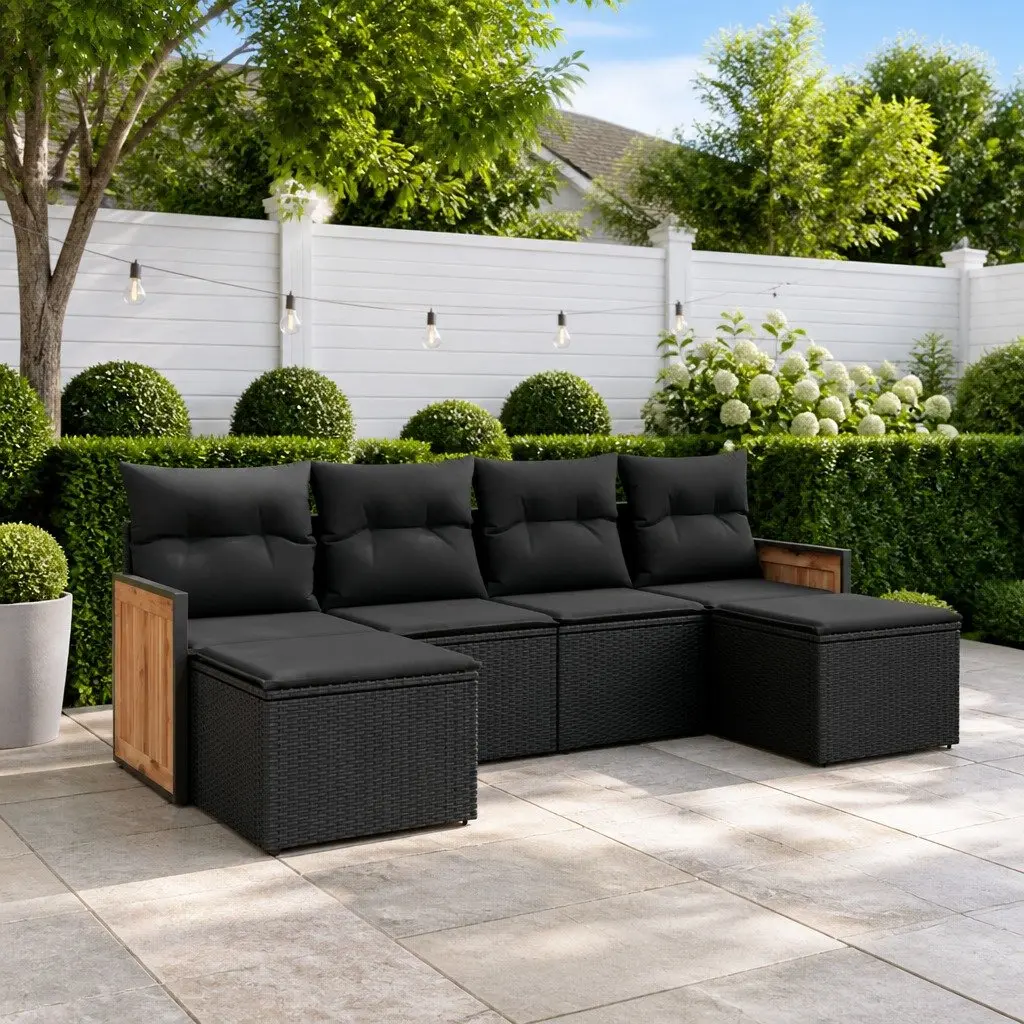 6 Piece Modular Black Poly Rattan Garden Sofa Set