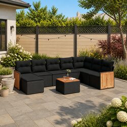 Durable 9 Piece Black Poly Rattan Garden Sofa Set