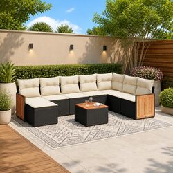 9 Piece Black Rattan Garden Sofa Set with Cushions