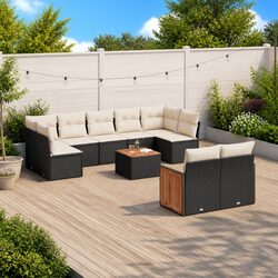 10-Piece Black Poly Rattan Garden Sofa Set with Cushions