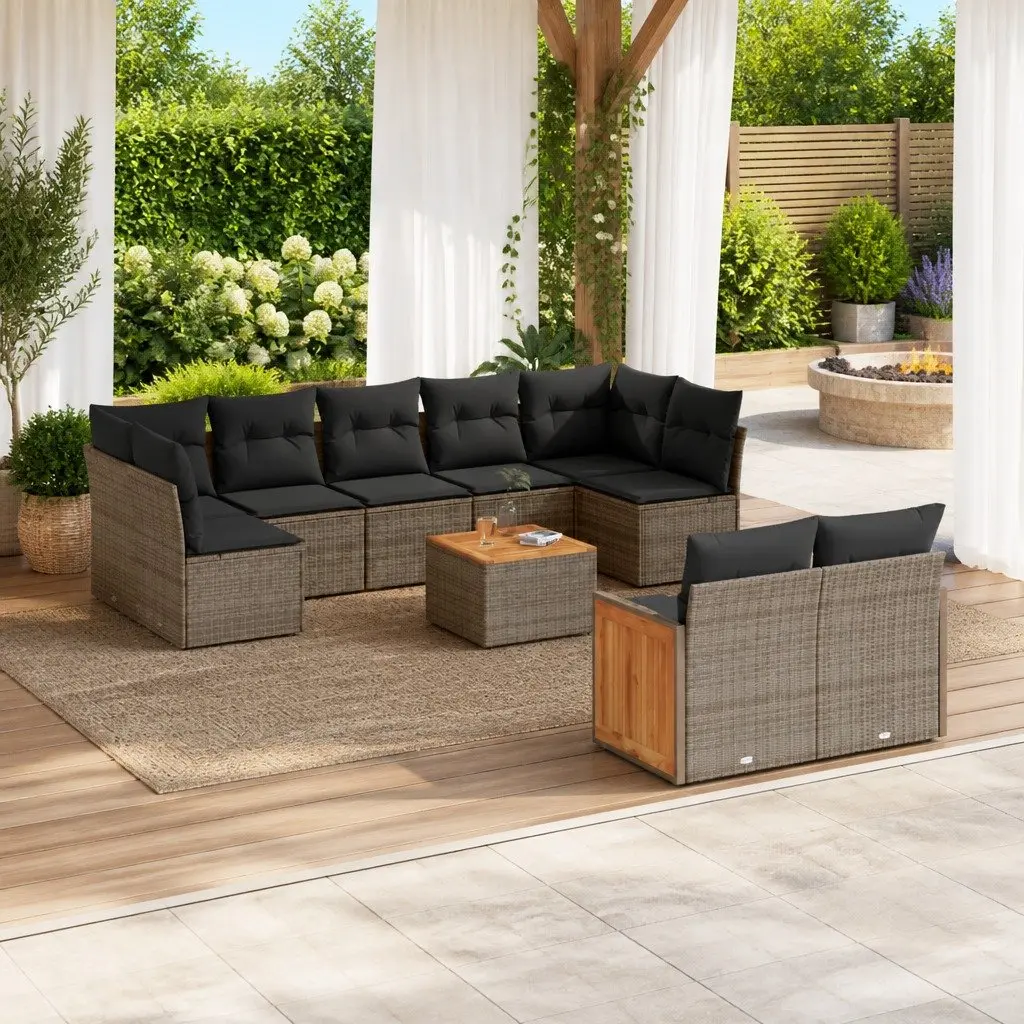 10-Piece Garden Sofa Set with Cushions in Grey Rattan