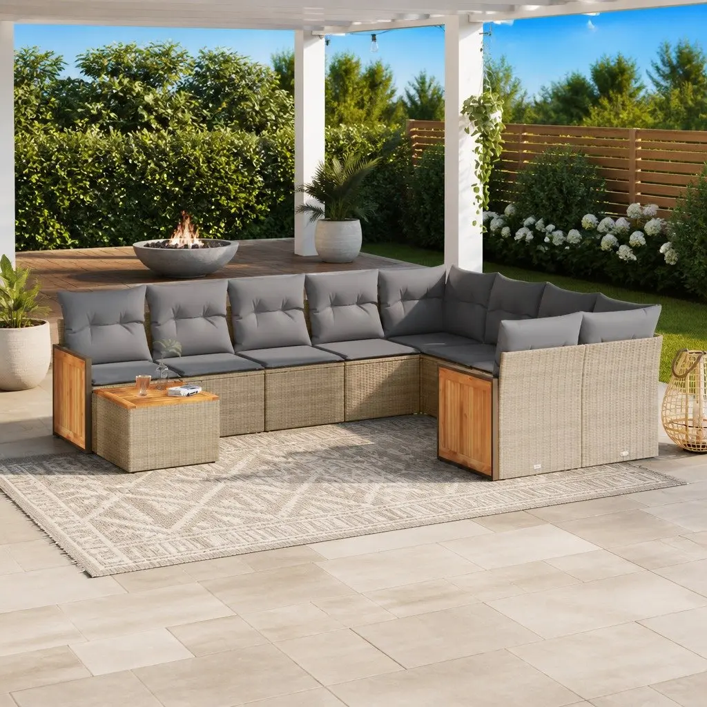 Beige Modular 10-Piece Outdoor Sofa Set with Acacia Top