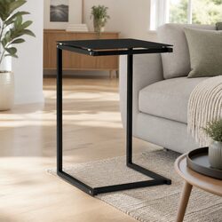 Black Tempered Glass Side Table with Steel Frame