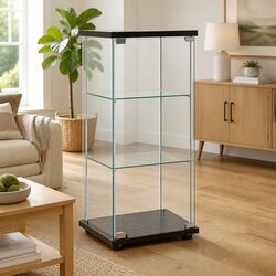Black Storage Cabinet with Tempered Glass Shelves