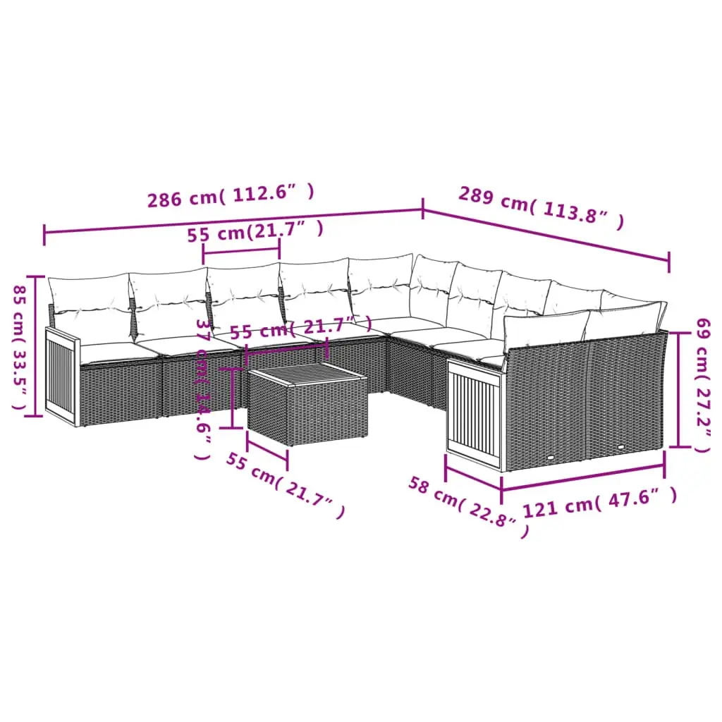 Outdoor 11 Piece Beige Sofa Set with Cushions and Table