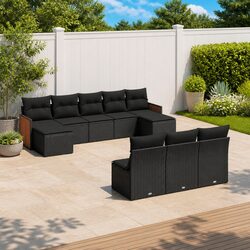 10-Piece Modular Black Rattan Garden Sofa Set
