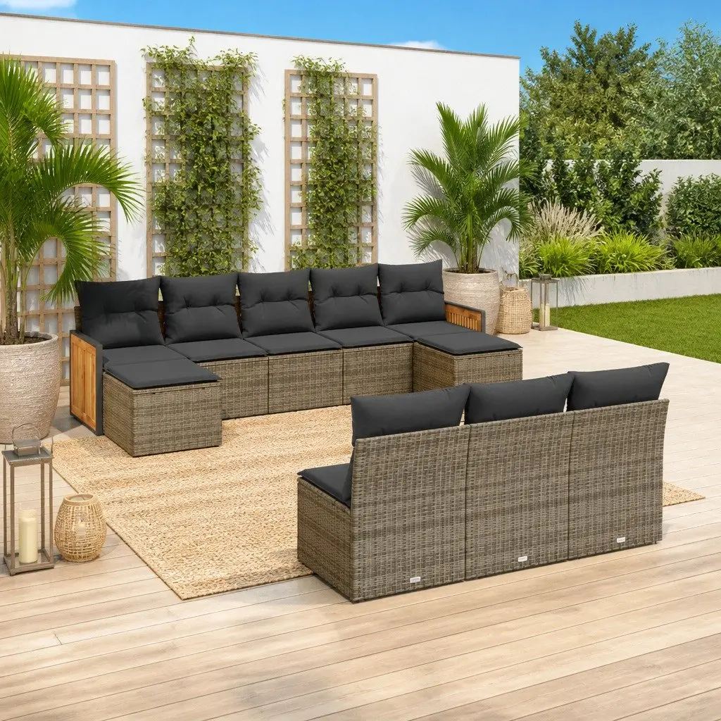 10-Piece Grey Poly Rattan Garden Sofa Set