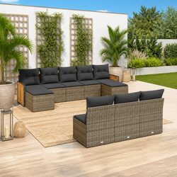 Durable 10-Piece Grey Poly Rattan Garden Sofa Set