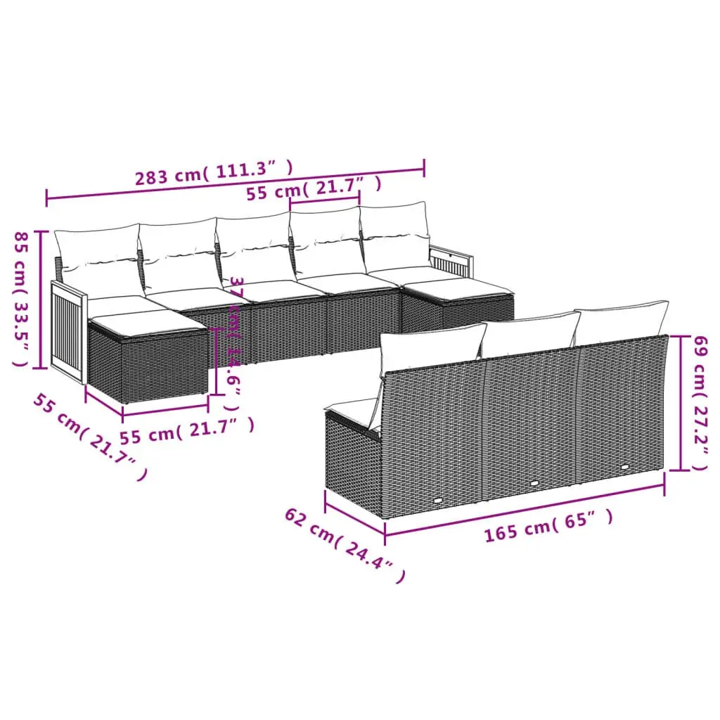 10-Piece Grey Poly Rattan Garden Sofa Set