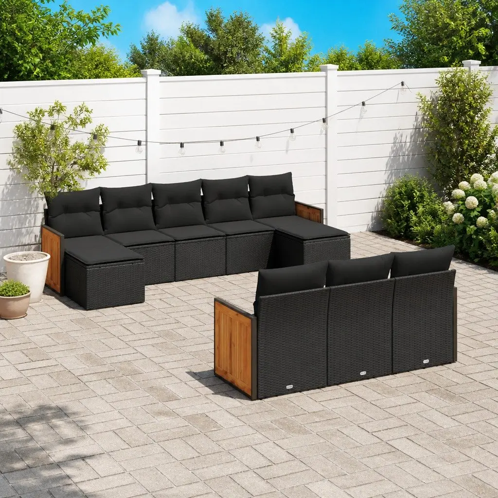 10 Piece Black Poly Rattan Garden Sofa Set