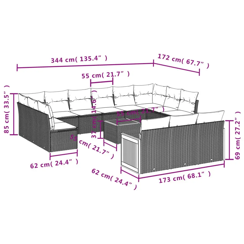 Garden Sofa Set PE Rattan 14 Piece Modular Outdoor Furniture Grey