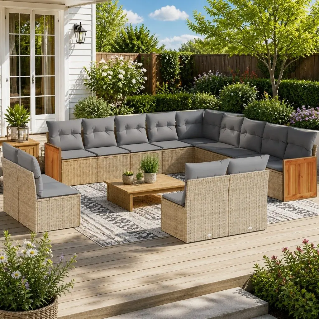 Garden Sofa Set PE Rattan 13 Piece Outdoor Furniture Beige Cushions Modular Patio Seating