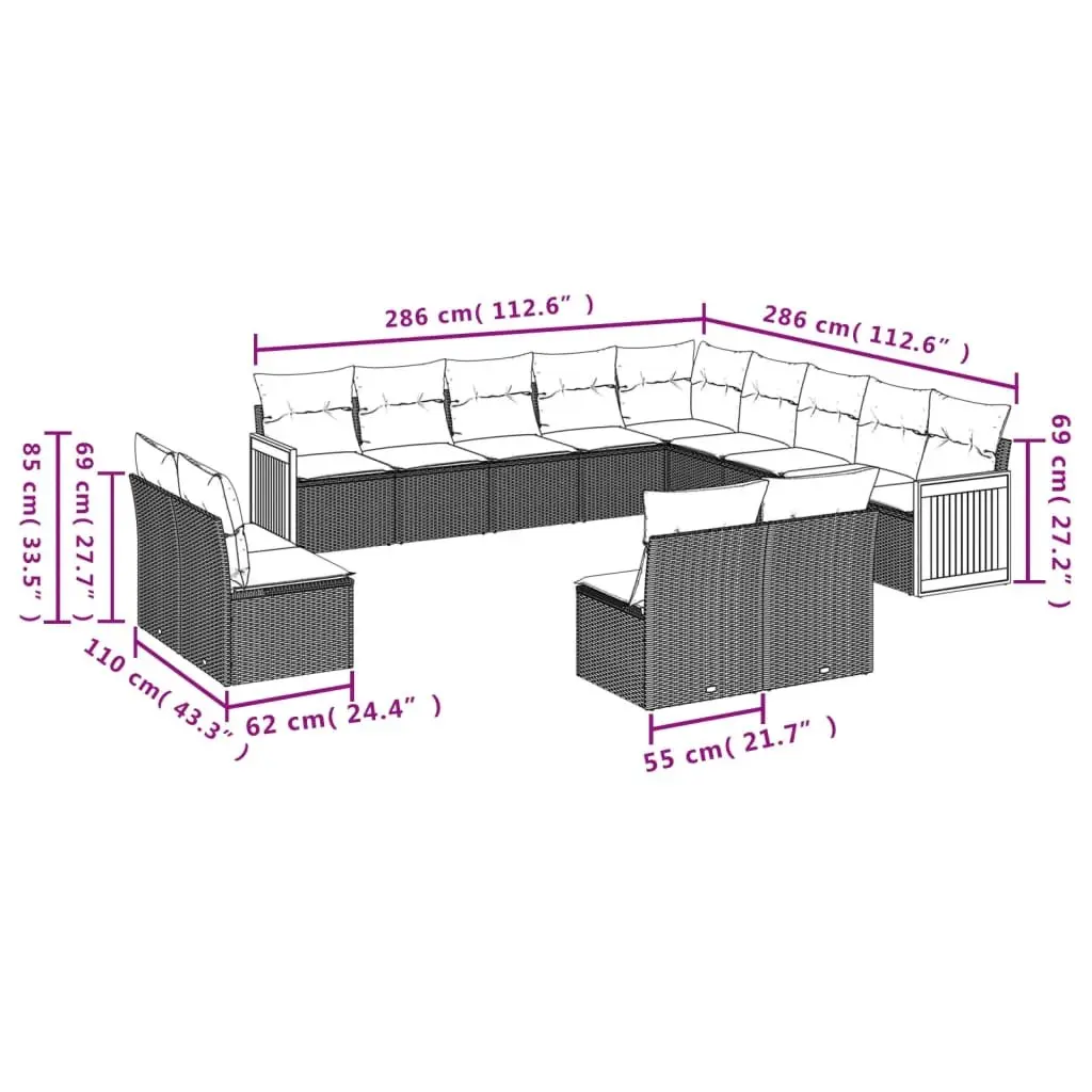 Garden Sofa Set PE Rattan 13 Piece Outdoor Furniture Beige Cushions Modular Patio Seating