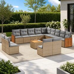 Beige Poly Rattan Garden Sofa Set 14 Piece Outdoor Furniture
