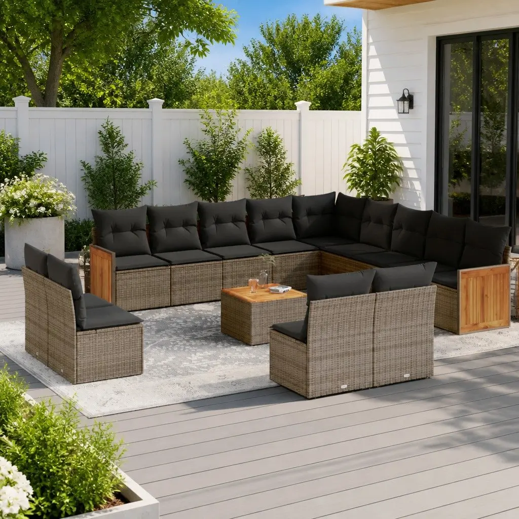 Garden Sofa Set PE Rattan Acacia Wood Grey 14 Piece Outdoor Furniture Patio Lounge with Cushions