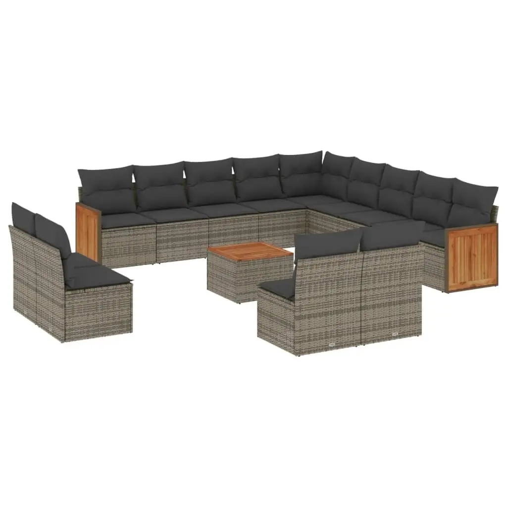 Garden Sofa Set PE Rattan Acacia Wood Grey 14 Piece Outdoor Furniture Patio Lounge with Cushions