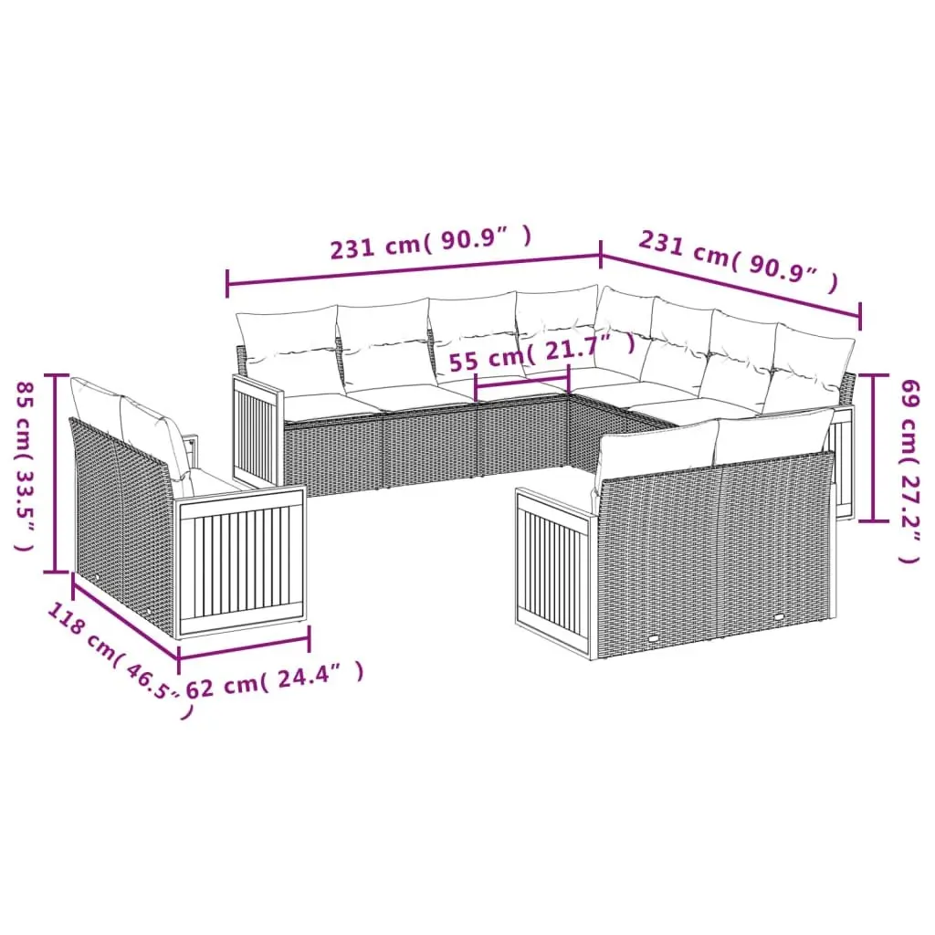 11-Piece Grey Garden Sofa Set with Cushions