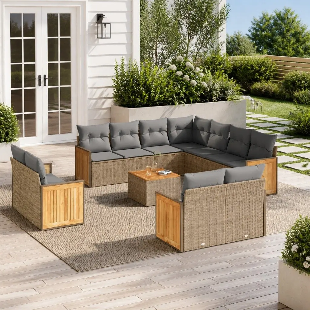 Beige Poly Rattan 12 Piece Modular Garden Sofa Set