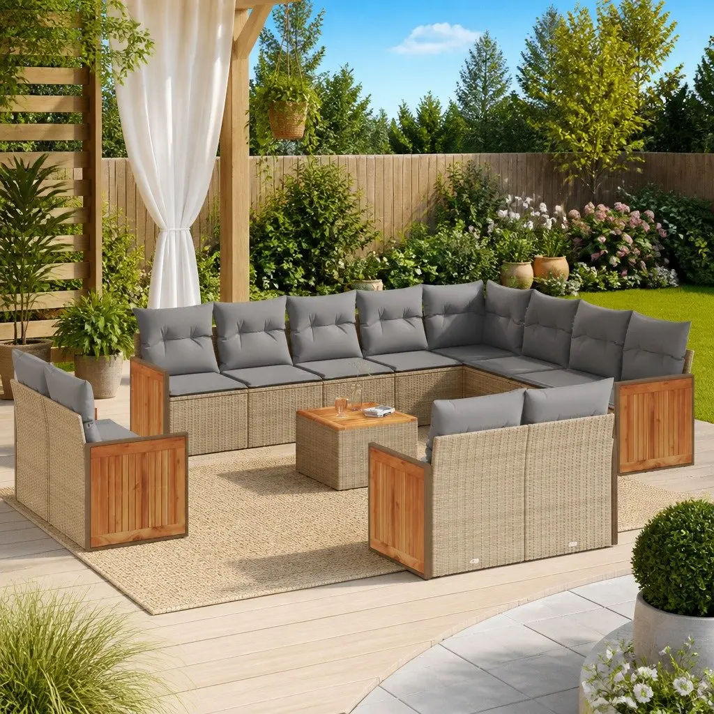 Garden Sofa Set Poly Rattan 13 Piece Outdoor Furniture Beige with Cushions