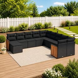 11-Piece Black Modular Garden Sofa Set with Cushions