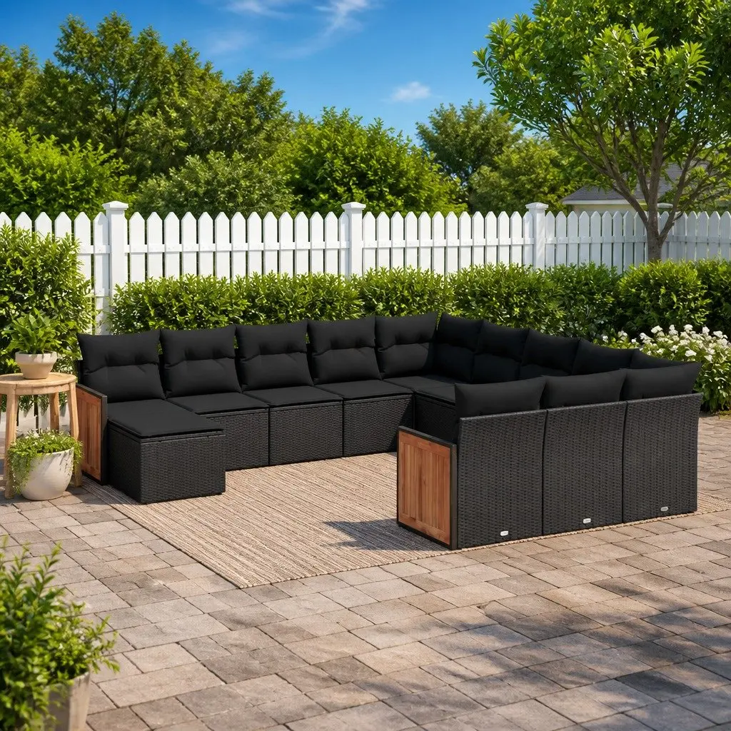 12-Piece Black Poly Rattan Garden Sofa Set