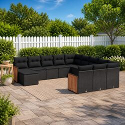 Durable 12-Piece Black Poly Rattan Garden Sofa Set