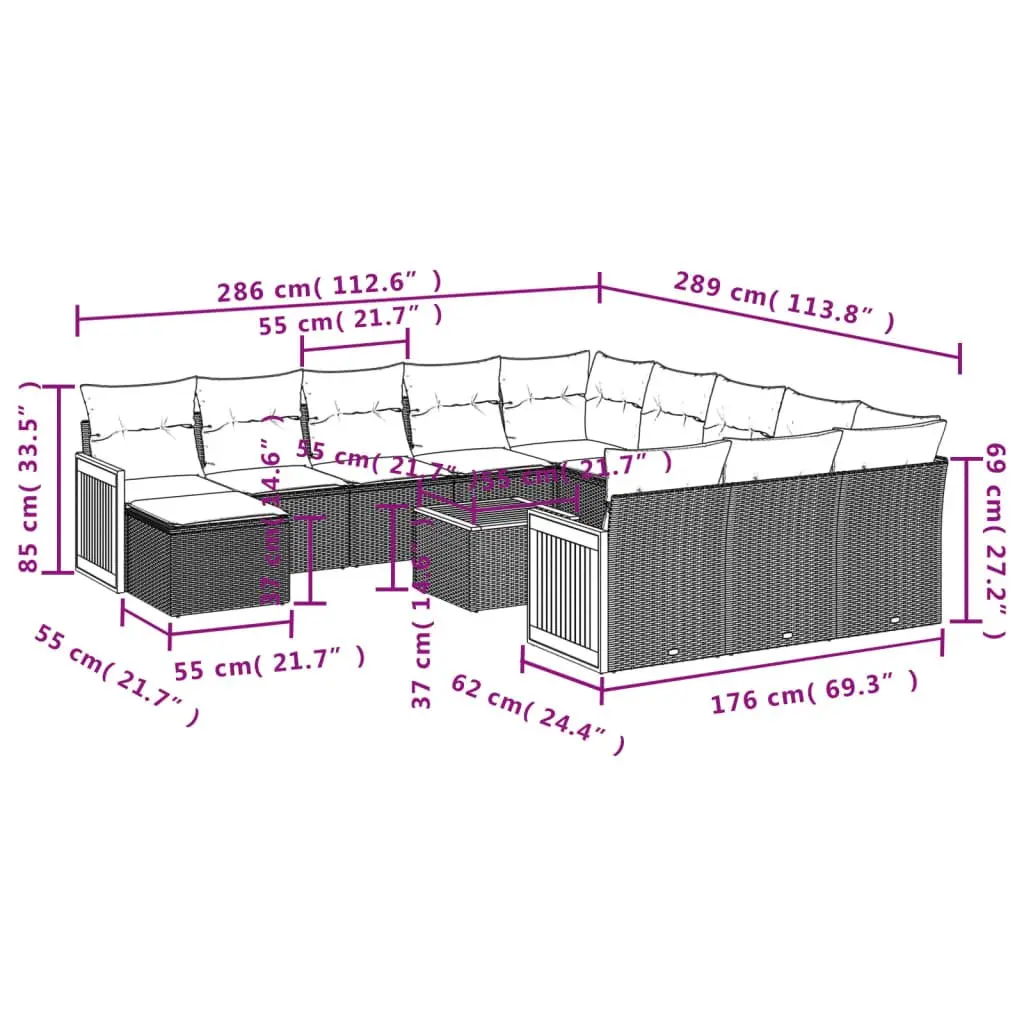 13-Piece Grey Poly Rattan Outdoor Sofa Set