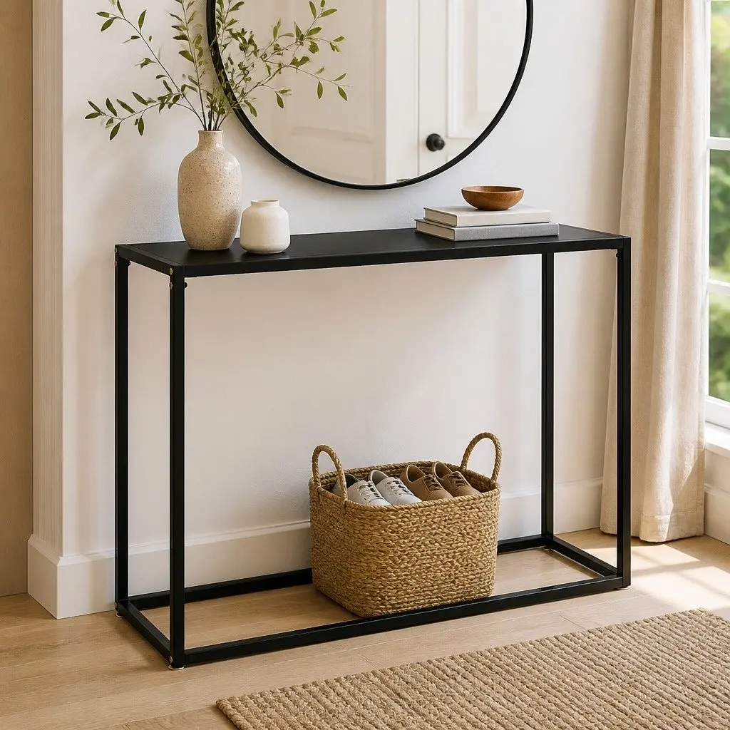Black Console Table with Tempered Glass Top
