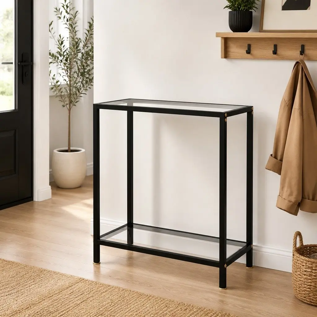 Tempered Glass Console Table with Storage Shelf