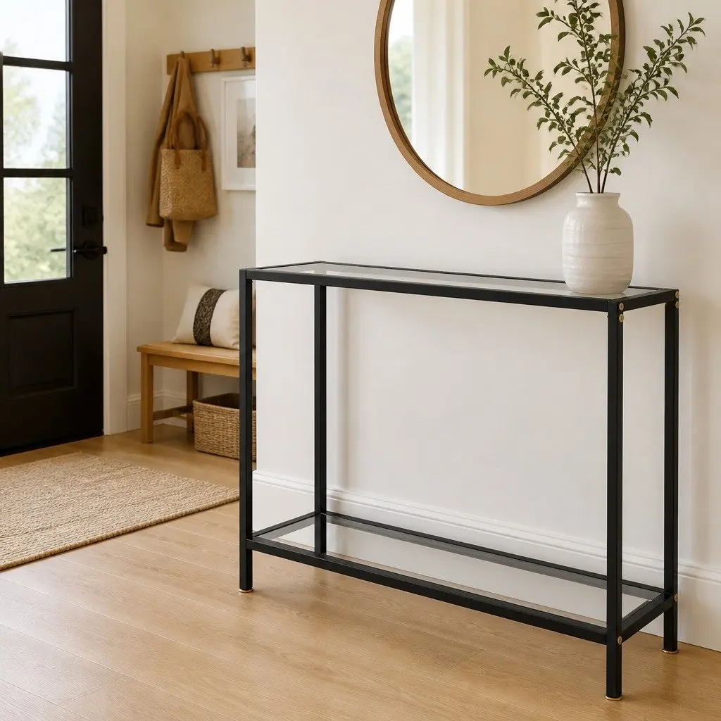 Tempered Glass Console Table with Storage Shelf