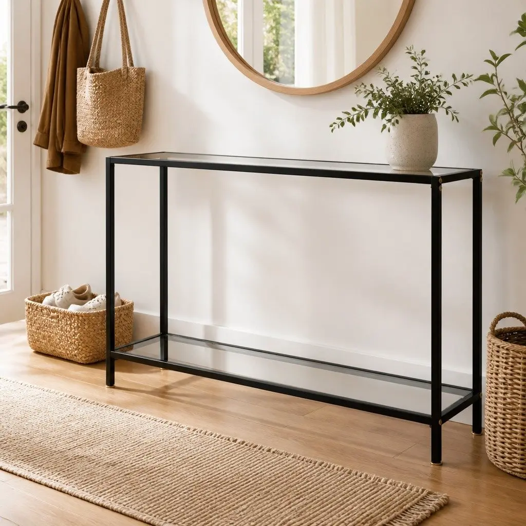 Tempered Glass Console Table with Shelf