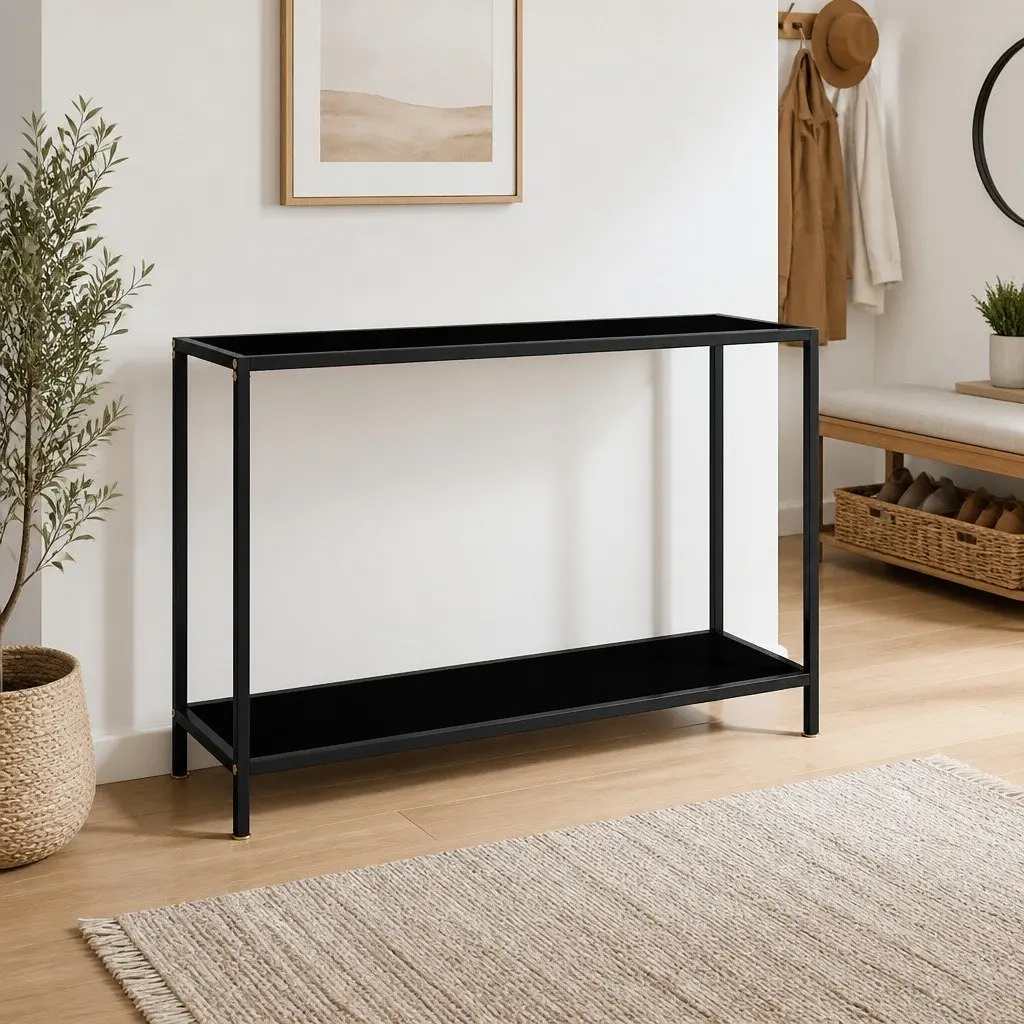 Black Console Table with Glass Top and Steel Frame