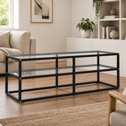 Modern Black TV Cabinet with Tempered Glass Shelves