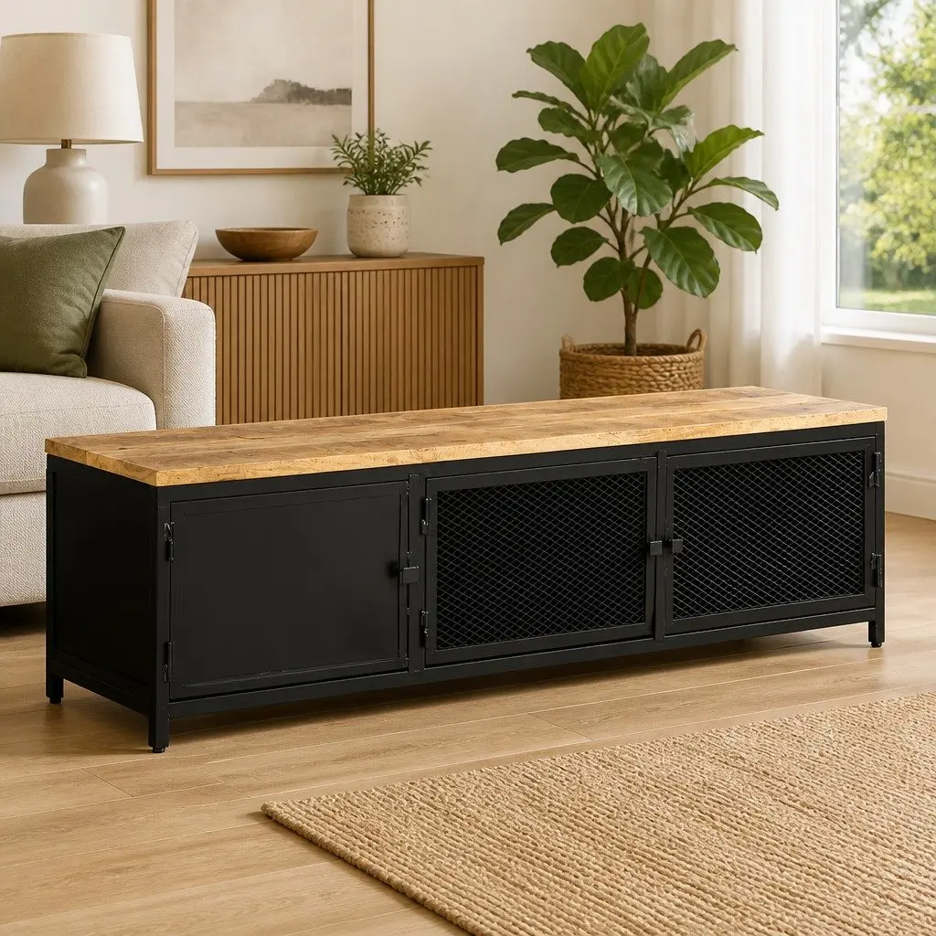 Industrial TV Cabinet with Solid Mango Wood