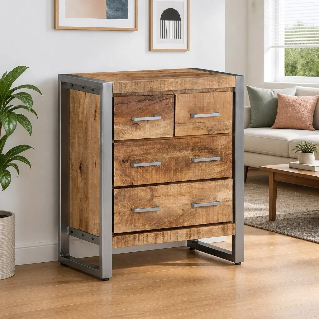 Brown Mango Wood Sideboard with Four Drawers