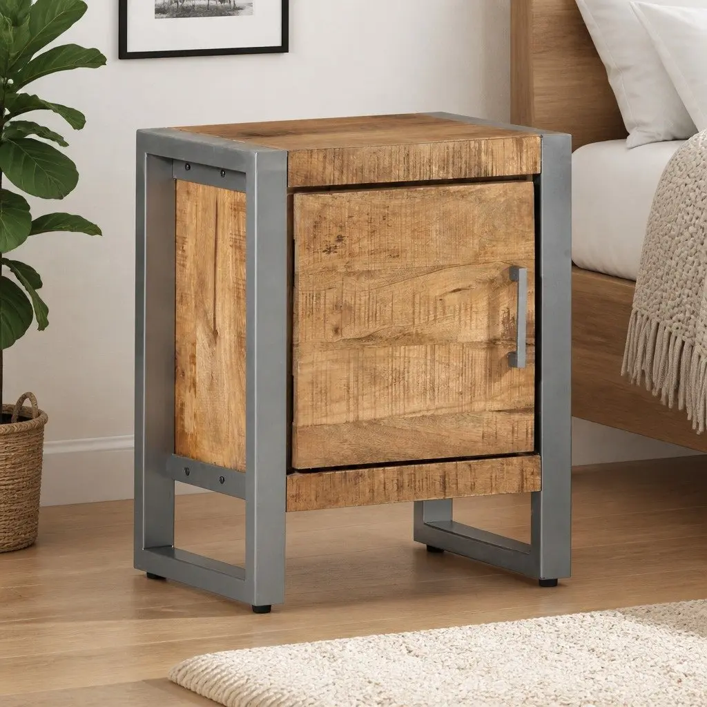 Rough Mango Wood Bedside Cabinet with Door 40x30x50 cm