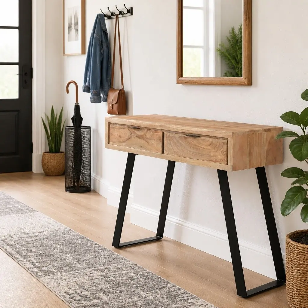 Solid Acacia Wood Console Table with Steel Frame