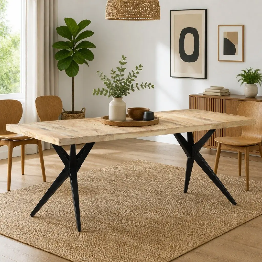 Dining Table 200x90x76 cm Rough Mango Wood Kitchen Furniture with Steel Legs