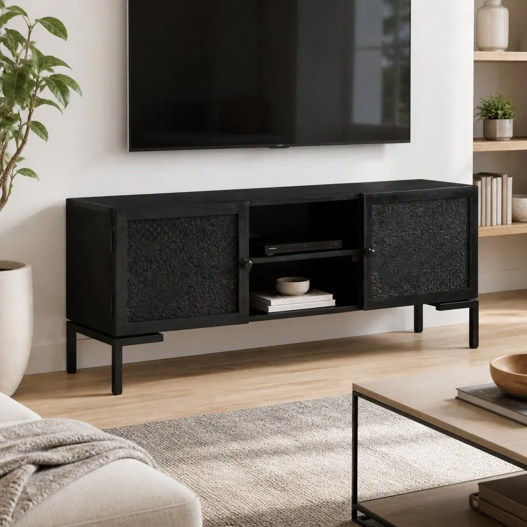 Solid Mango Wood Black TV Cabinet with Steel Frame