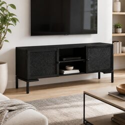 Solid Mango Wood Black TV Cabinet with Steel Frame