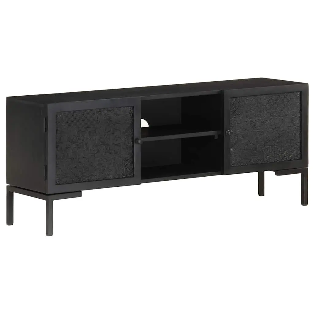 Solid Mango Wood Black TV Cabinet with Steel Frame
