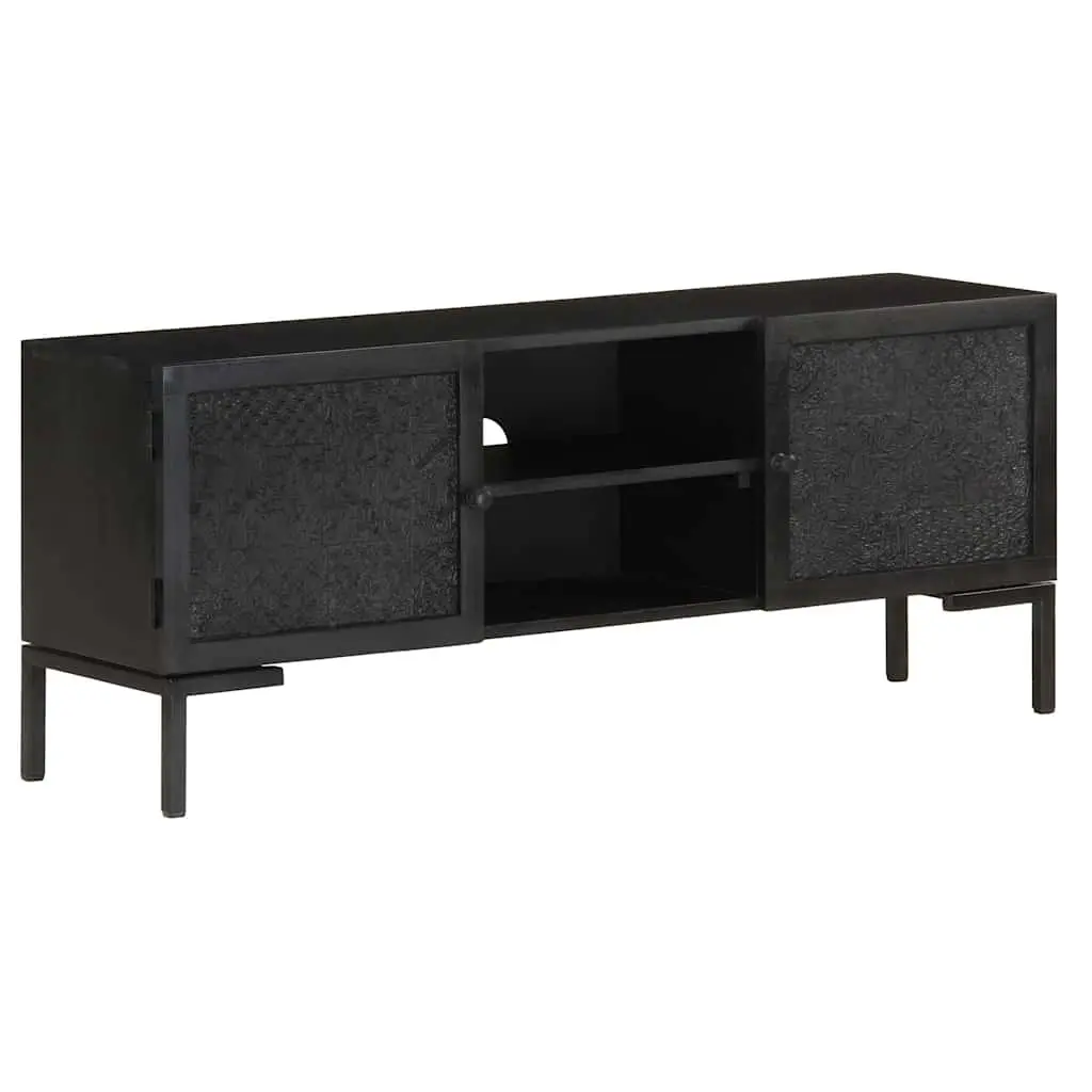 Solid Mango Wood Black TV Cabinet with Steel Frame