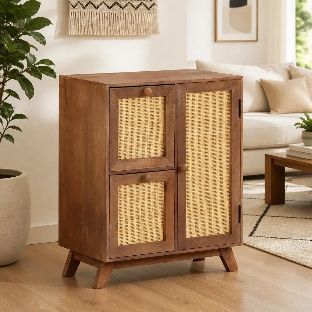 Solid Mango Wood Sideboard with Drawers and Door